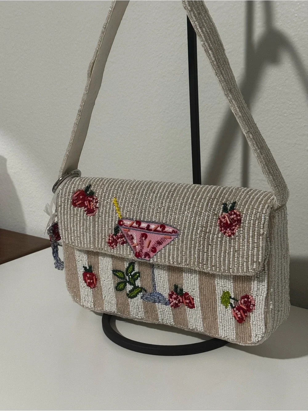 Beaded Cream Shoulder Bag with Fruit & Cocktail Motif
